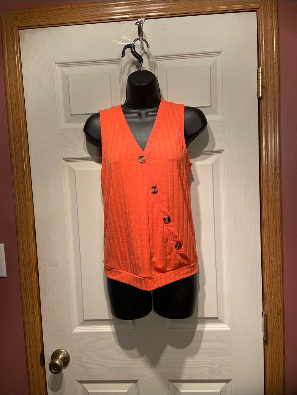 Worthington Coral-Orange V-Neck Button Accent Tank